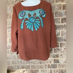 Alfredos Wife SZ L tunic top Brown Turquoise studded Appliqué Bling Vintage